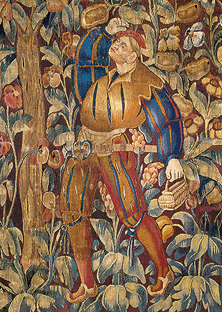 Bild: Wirkteppich "Zwei Landsknechte auf Vogeljagd" (Detail)